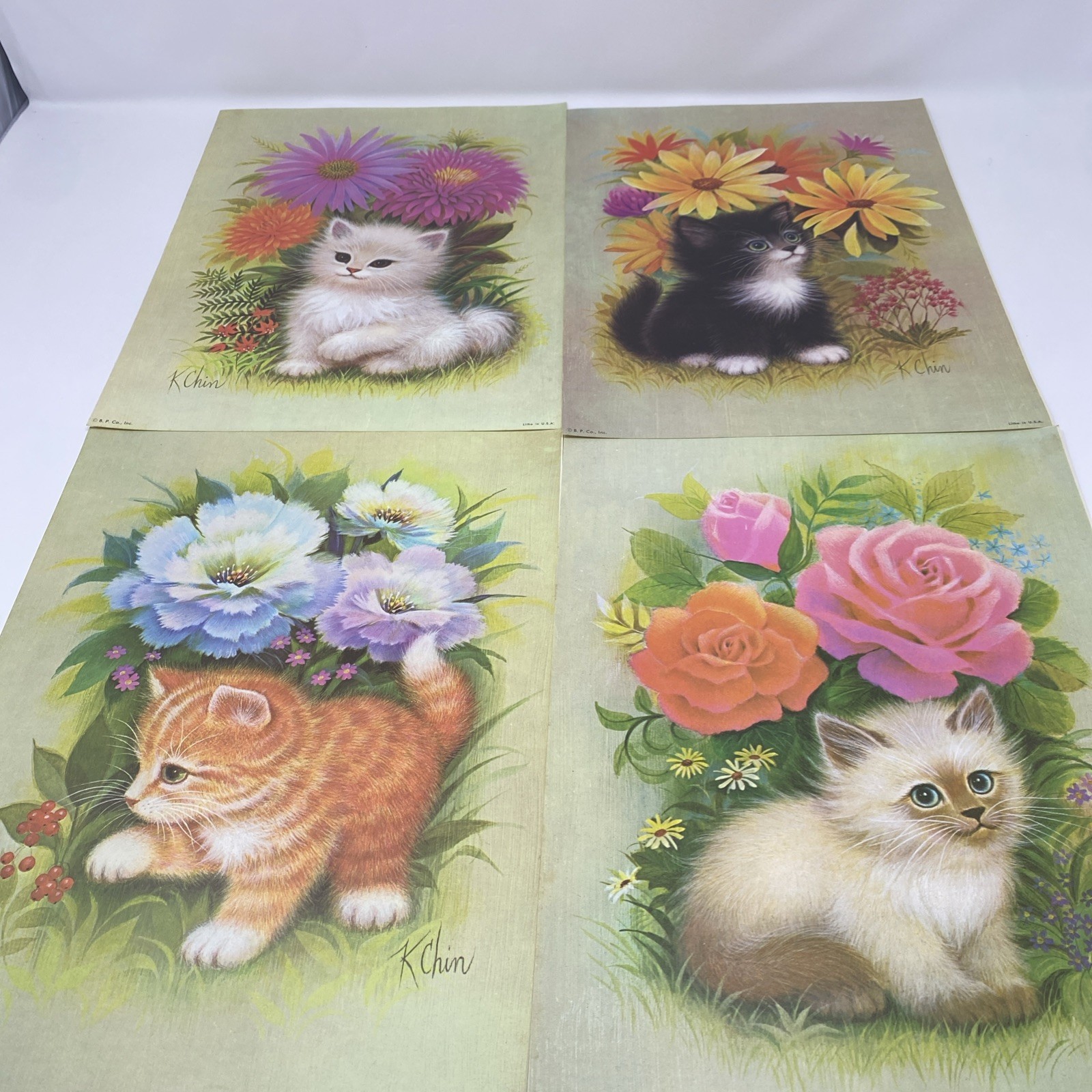 Kittens Cats Flowers K Chin Litho Prints Vintage MCM 9×12 B.P. Co USA Set of 4