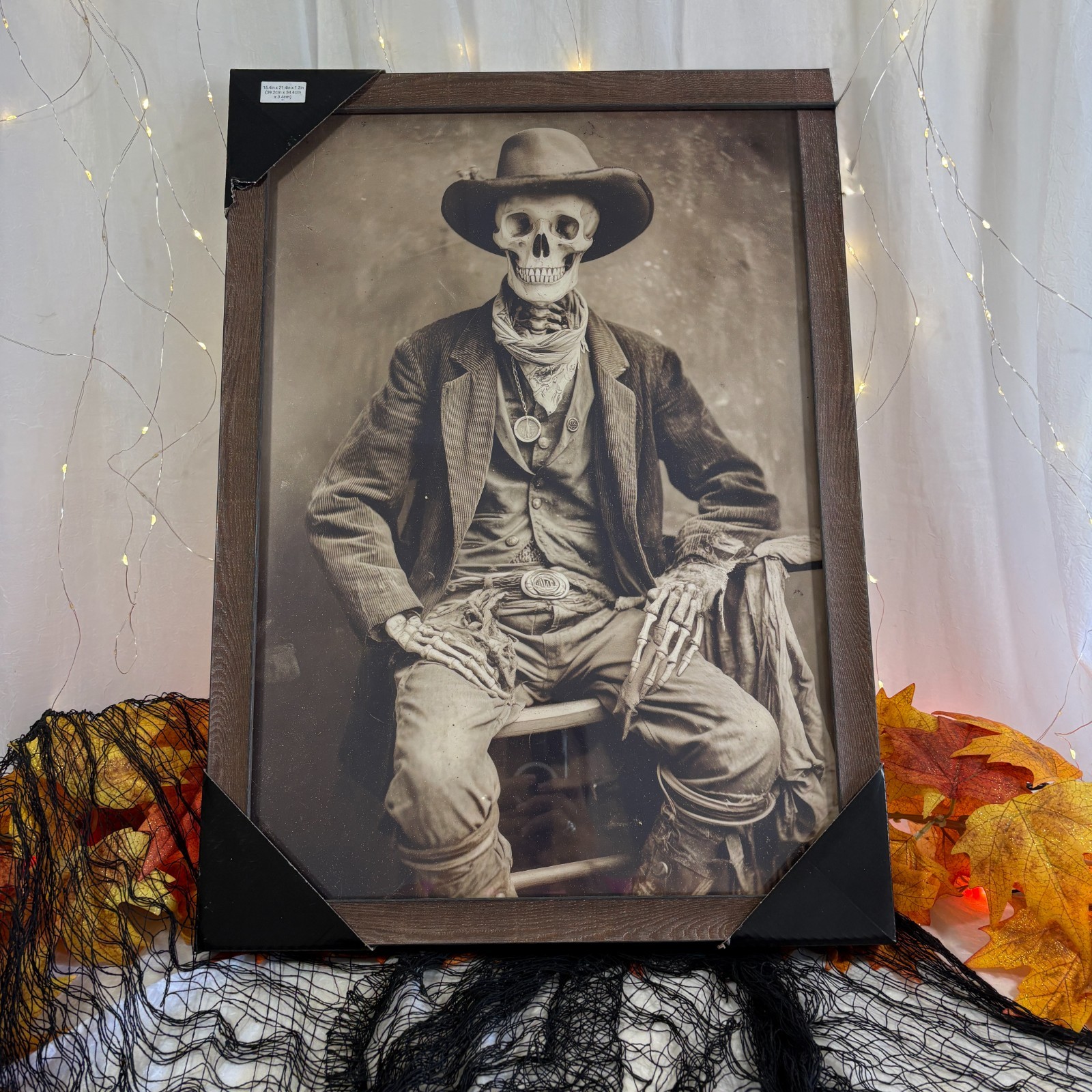 Halloween Framed Glass Cowboy Skeleton Western Print Wall Art 15×21 New RARE