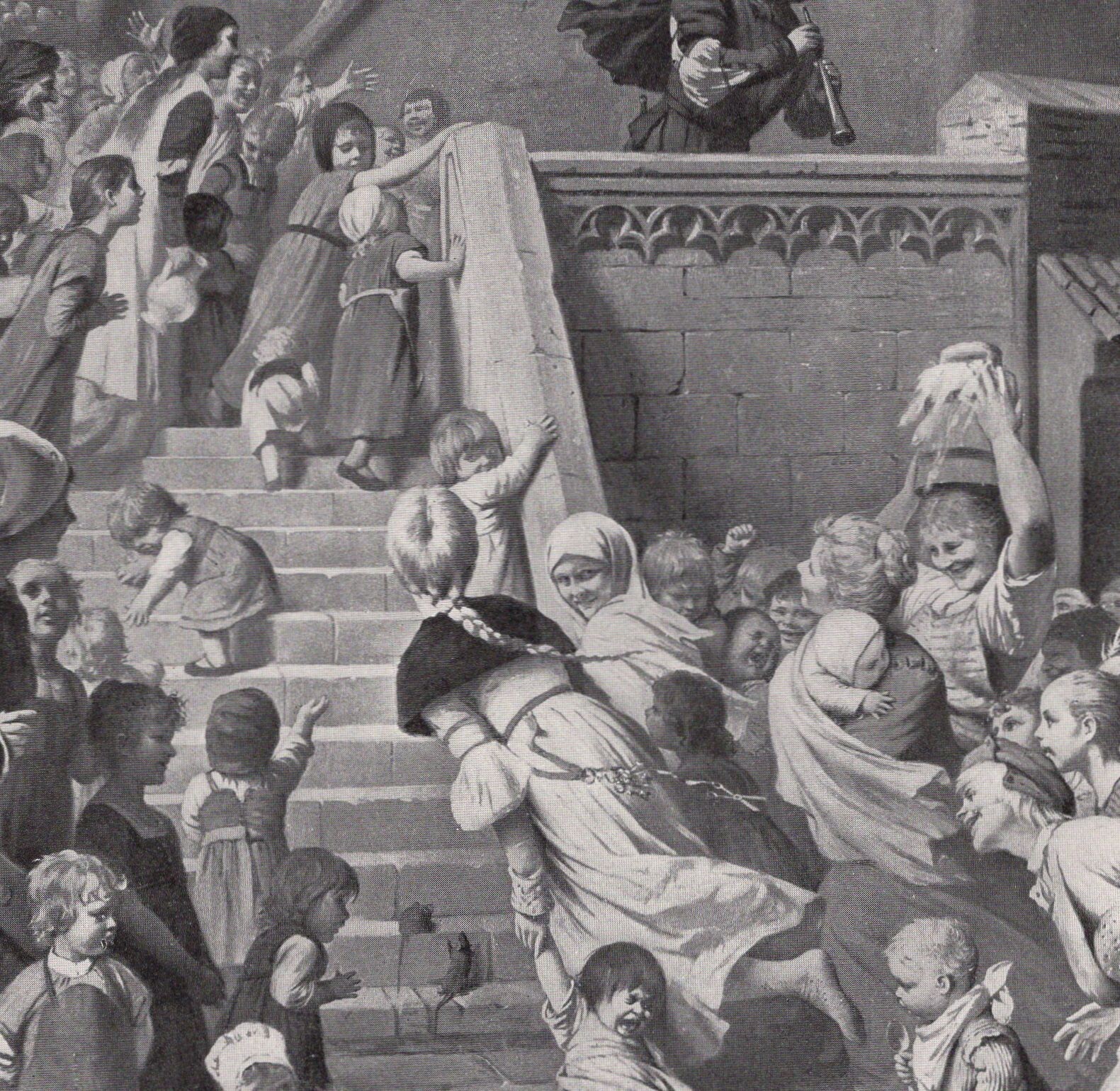 PIED PIPER – Children Babies Excited Laughing Victorian 1894 Antique Engraving