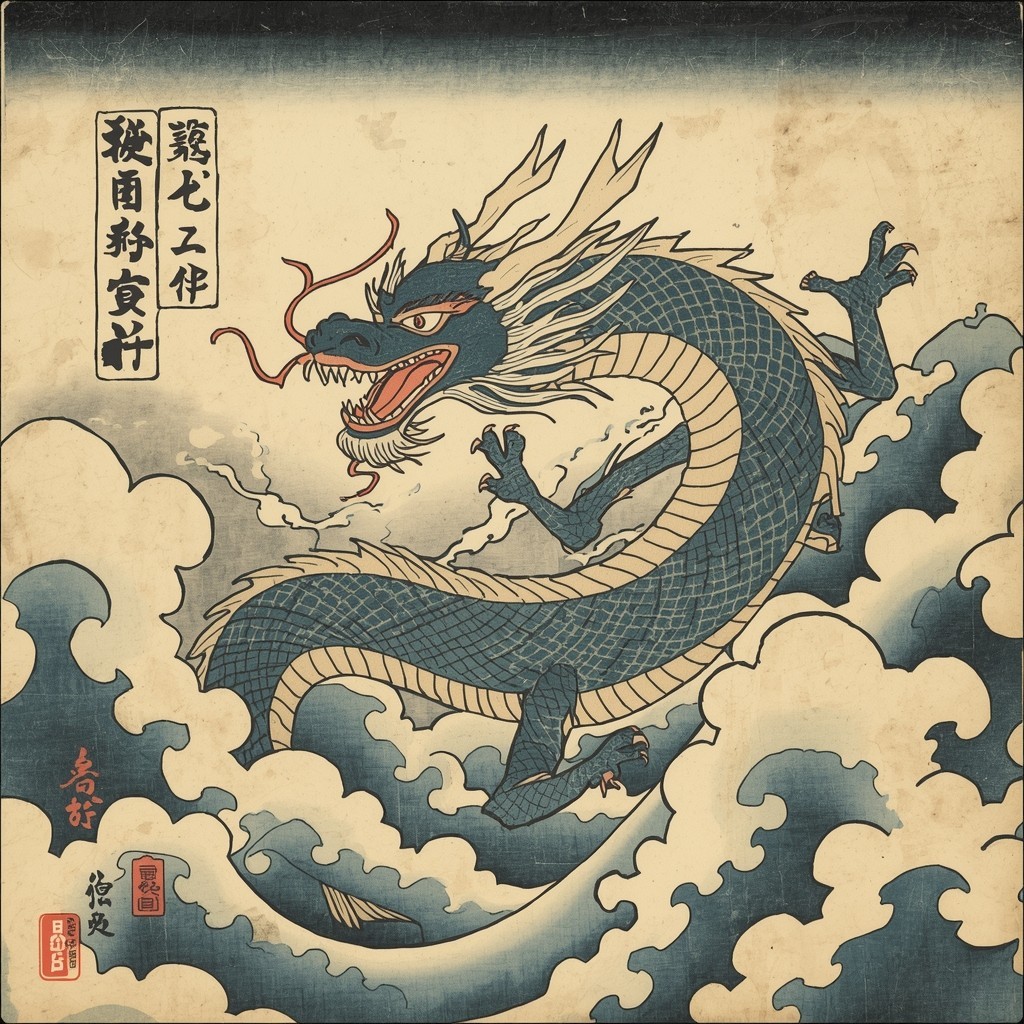 Japanese Dragon Ukiyo-e Style Art Print – Traditional Woodblock Inspired Illustr