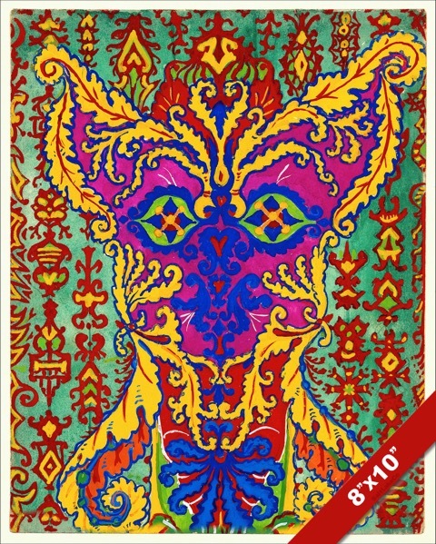 PSYCHEDELIC LOUIS WAIN CAT PURPLE YELLOW GREEN PAINTING ART REAL CANVAS PRINT