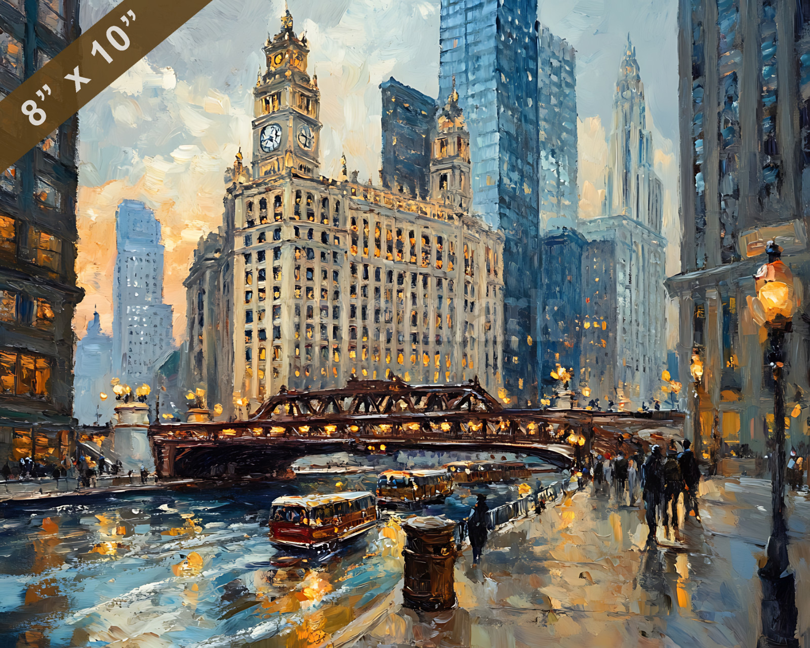 Chicago with Michigan Avenue Bridge oil painting 8×10 Print