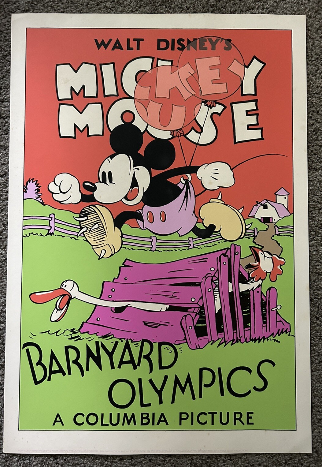 Walt Disney’s Mickey Mouse Barnyard Olympics Poster 1932 Reprint 1982 30″ x 21″