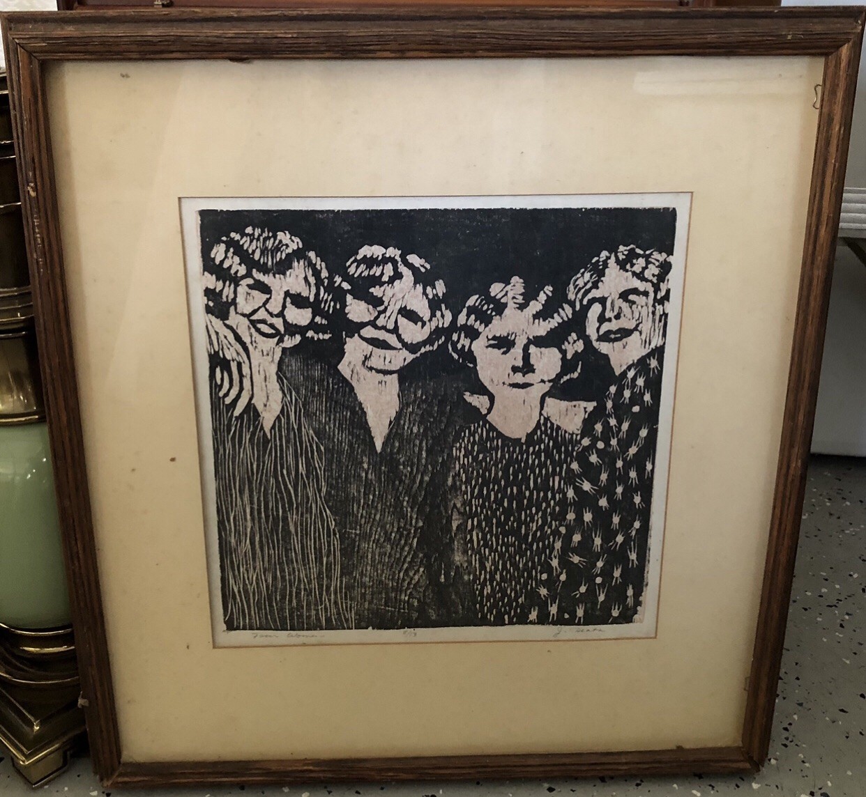 Vintage 70s Block Print Signed “Four Women” Farmers Wives J. Heath 19”x19”