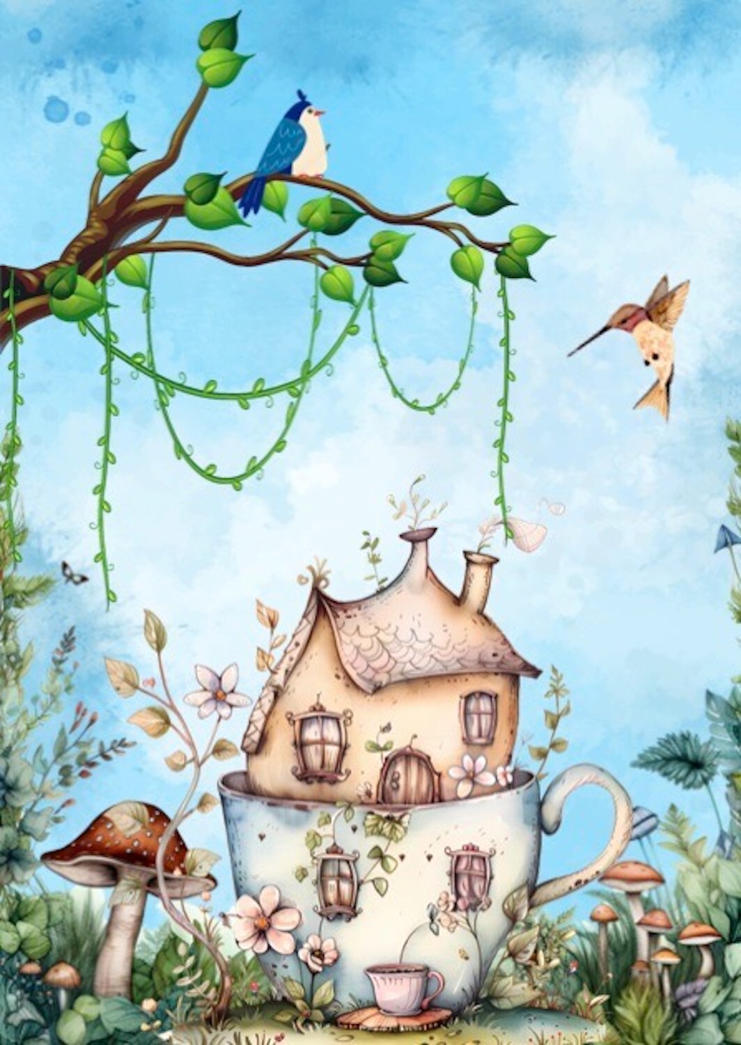 Fairy garden with teacup house nature themed artist trading card ACEO 2.5×3.5