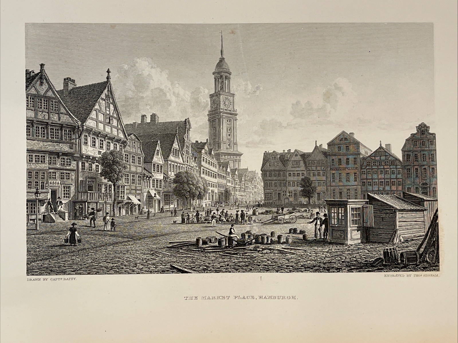 1880s Print Engraving Market Place Hamburgh Germany View Town Scenery People