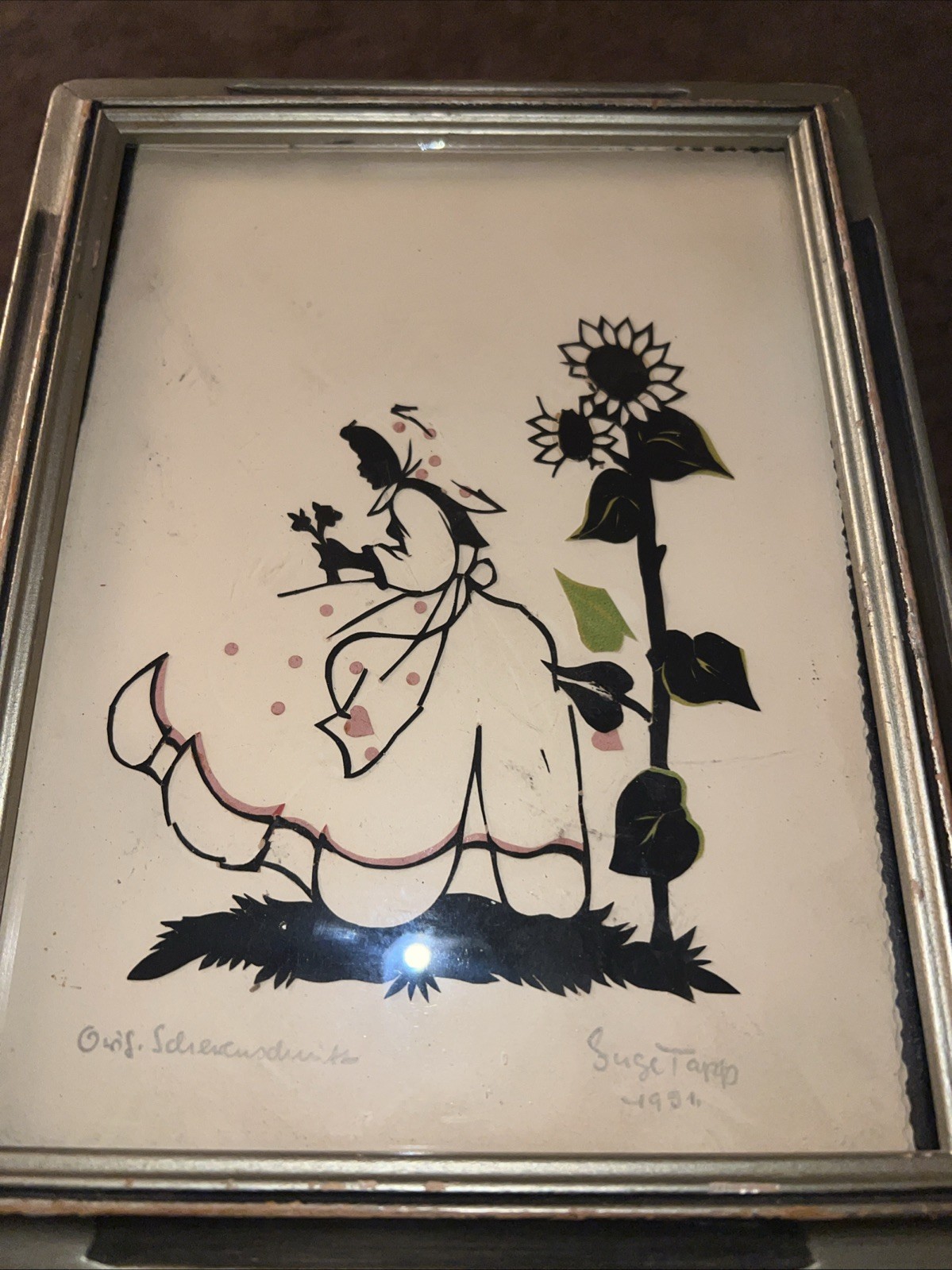 Art Deco Paper Cut in Frame Signed Silhouettes Art Girl In Dress Flowers 10″x8″