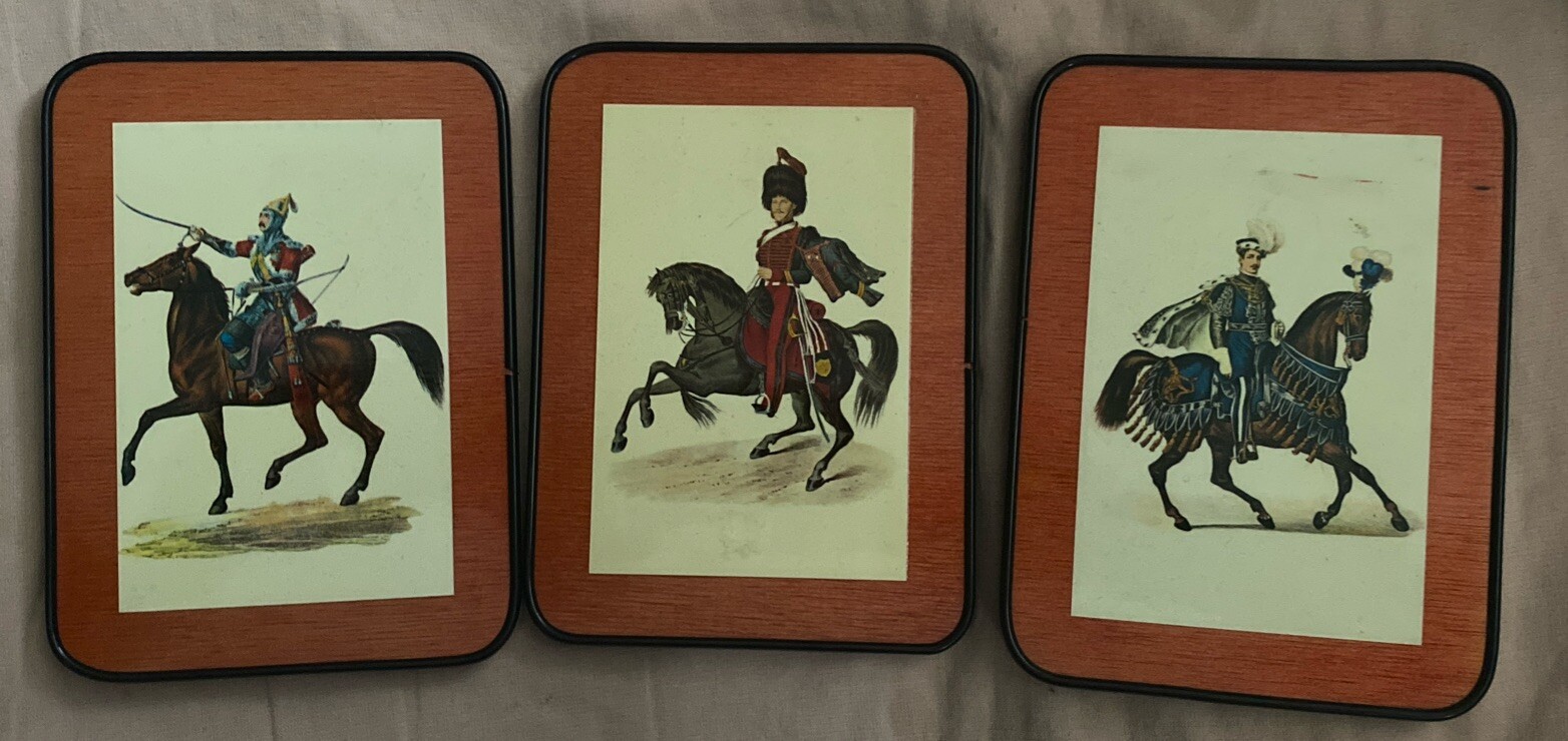 Lot Of 3 European Cavalry Horsemen Wooden Framed Prints 7.5”x5.5”x.5” Spain