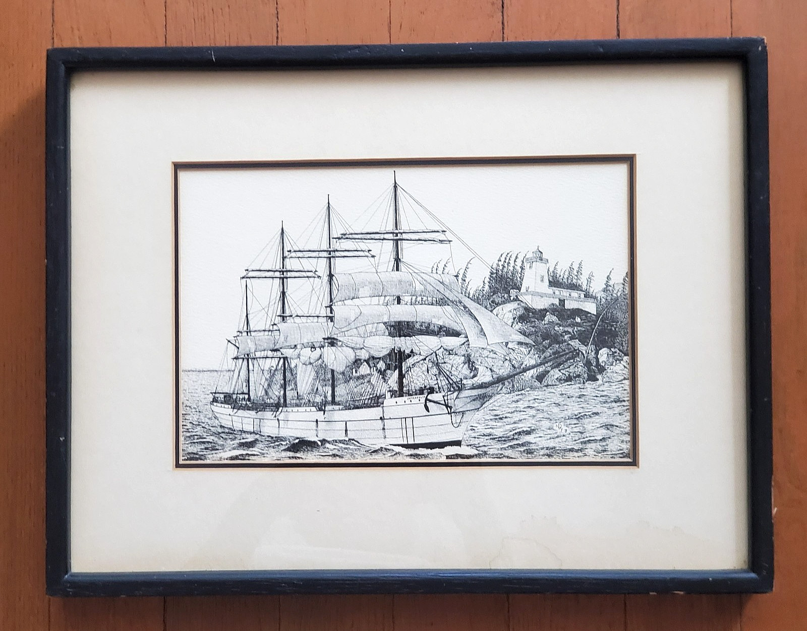 VINTAGE ETCHING SHIP LITHO PRINT SAILING LIGHTHOUSE SIGNED FRAMED