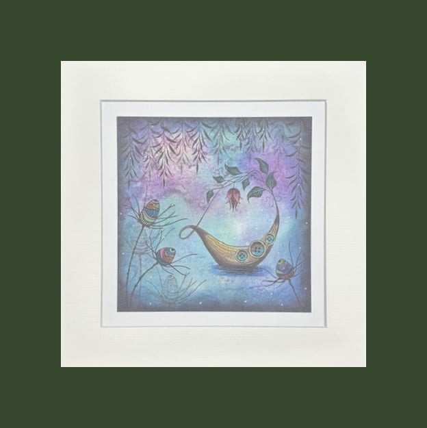 Whimsical Boat Fantasy Art Print – Handmade Picture 8″x8″ in Textured Mount