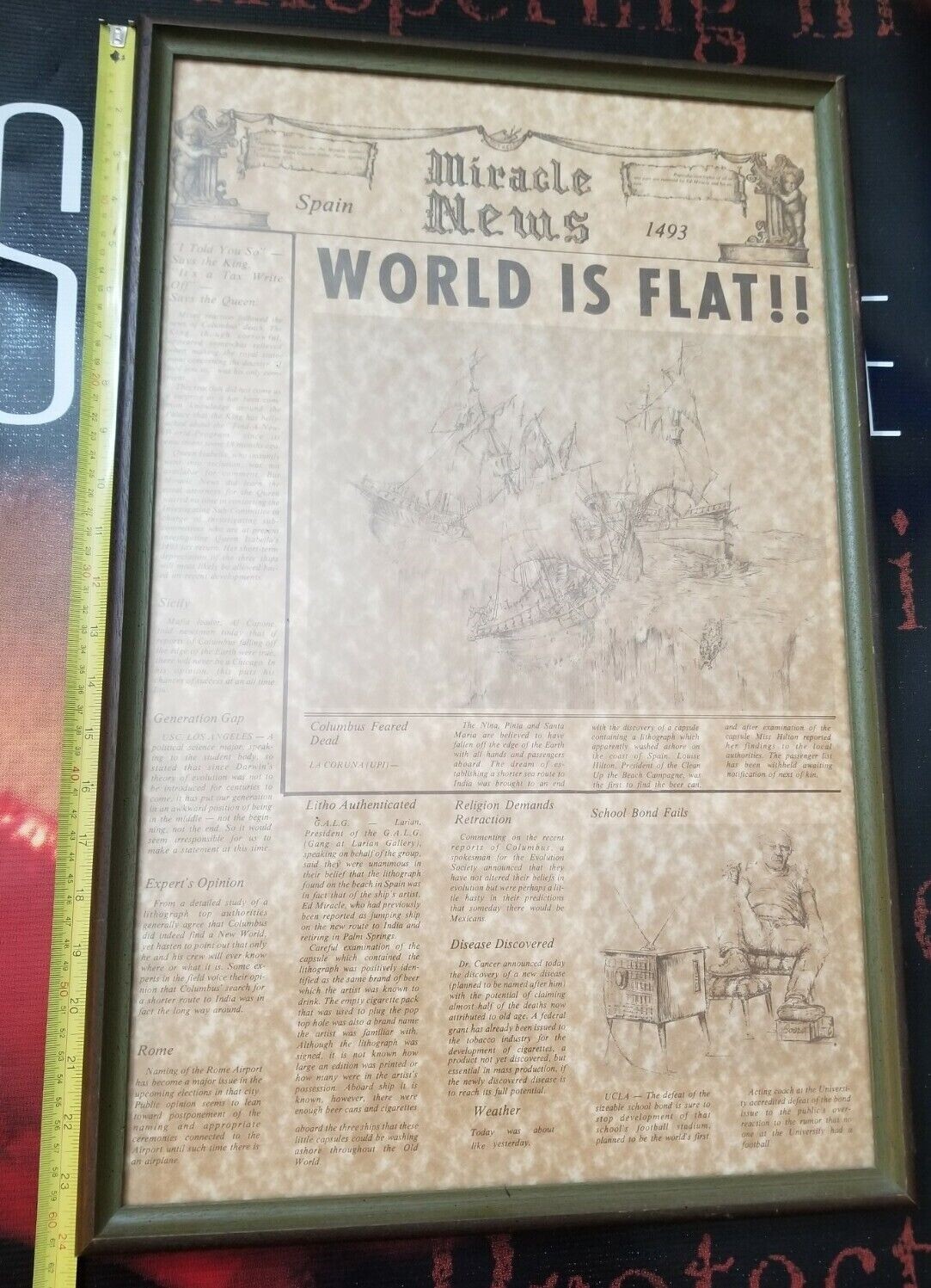 Art Print “World Is Flat” Miracle News By Ed Miracle Framed Rare HTF