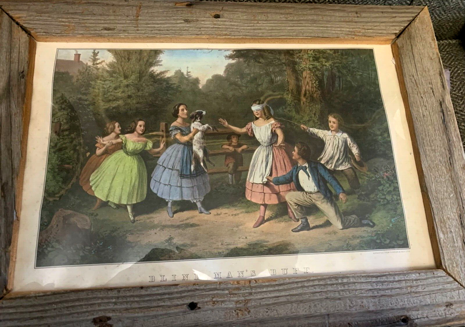 Vintage Print “Blind Mans Buff “, Framed, 19″ x 13 1/2”. print is 16″ x 10″