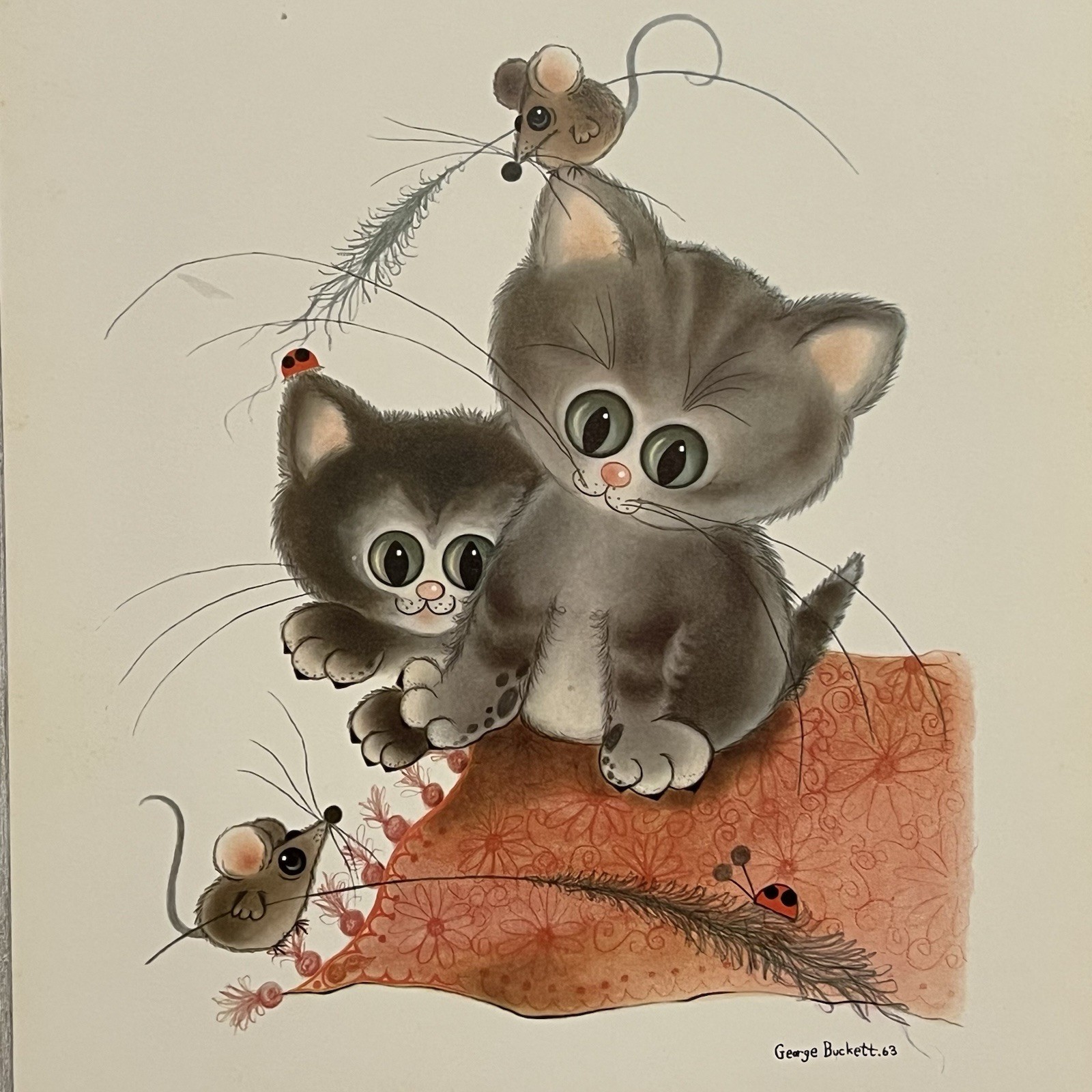 Vintage NOS – George Buckett Gray Kittens Cats Mouse – 9.75”x7.75” Litho Print