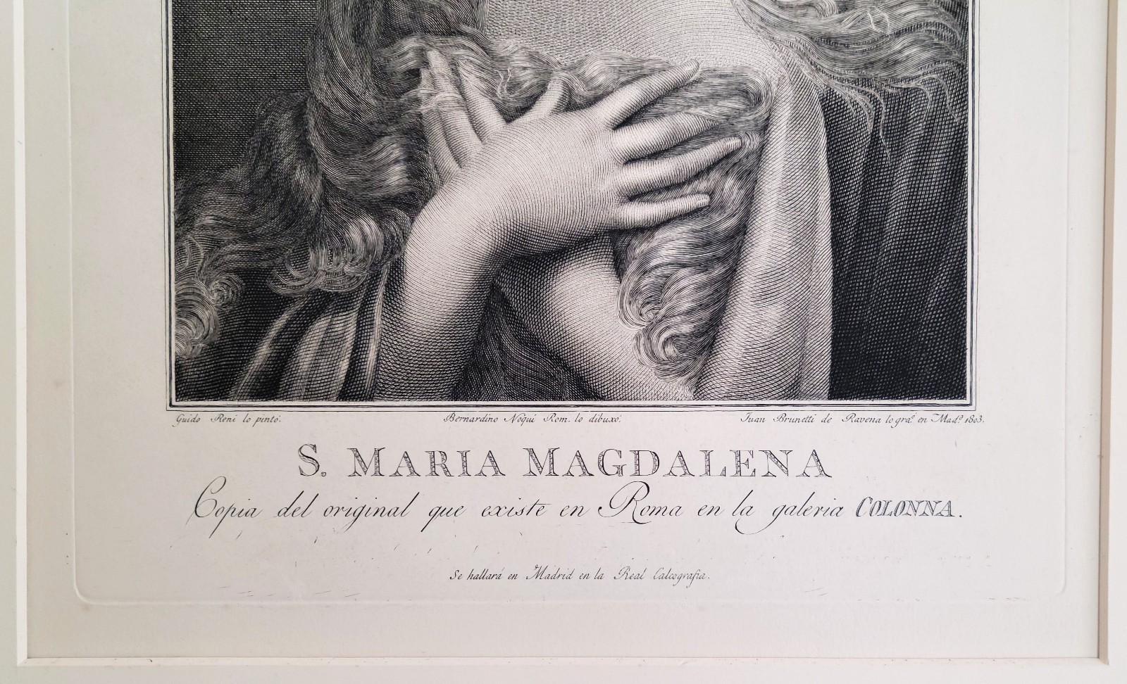 1803 Saint Mary Magdalene Engraving After Guido Reni by Juan Brunetti Framed