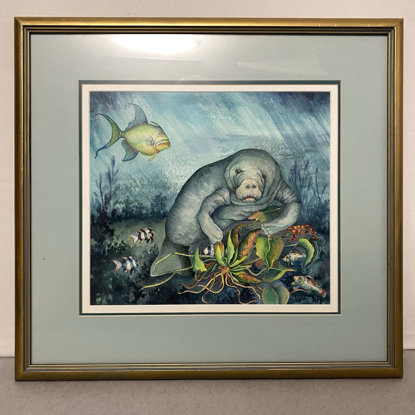 Vtg Levi Von Tipton Manatee Watercolor Print Framed Matted Tropical Ocean Art