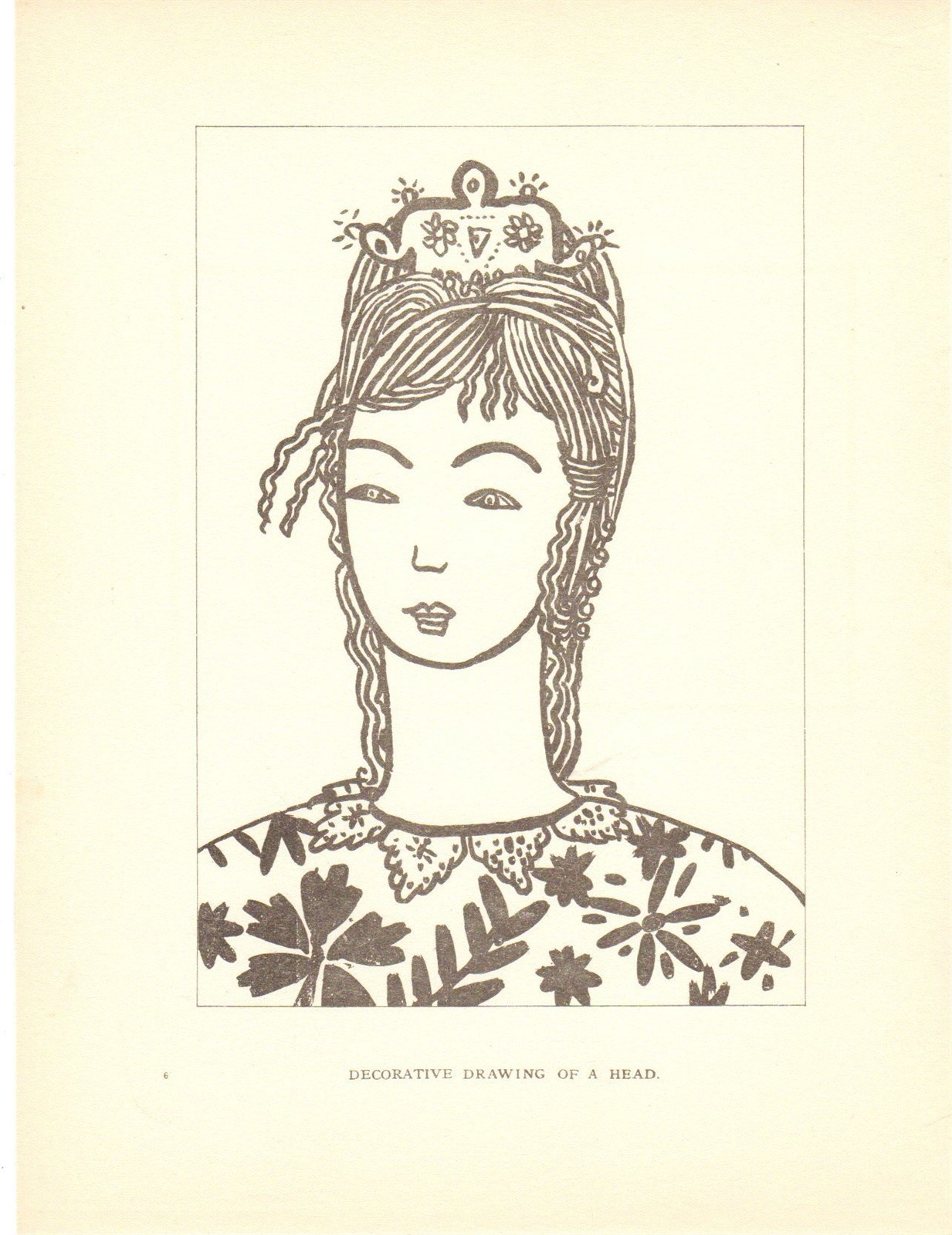 Circa 1920 b/w print “Decorative Head” by Pamela Bianco; plate from her “Flora”