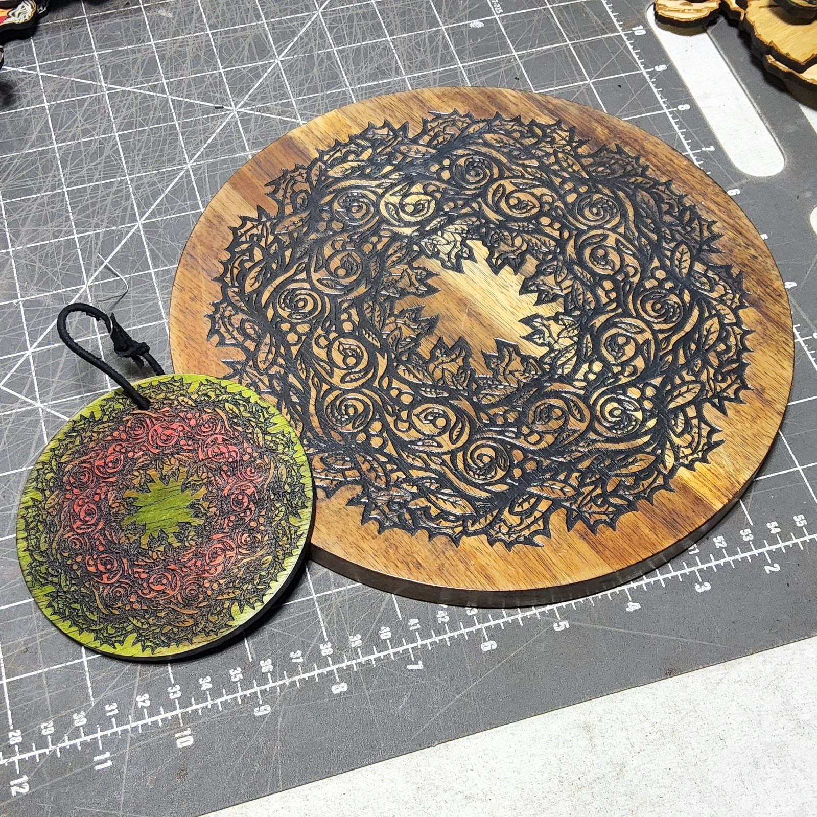 Wooden wreath ornaments laser etched set of 2 christmas holidays winter tray art