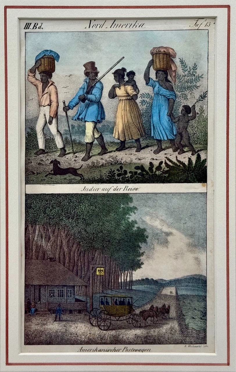 ⭕️ ANTIQUE C.1825-1830 HAND COLORED DUTCH COLONIAL PRINT FRAMED INDIANS FAMILY