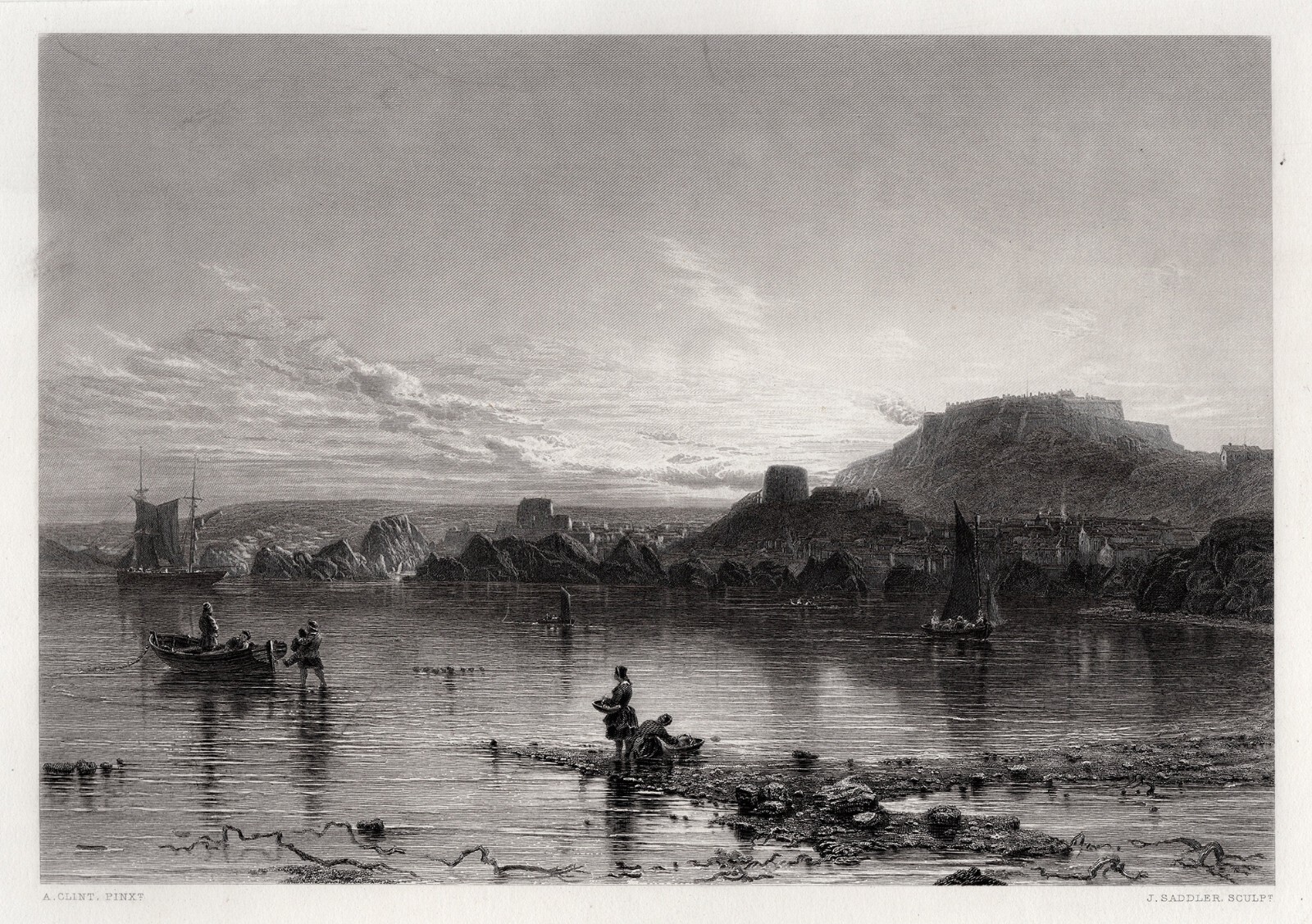 LOOK 1800s Alfred Clint Antique Engraving “Collecting Mussels” SIGNED Framed COA