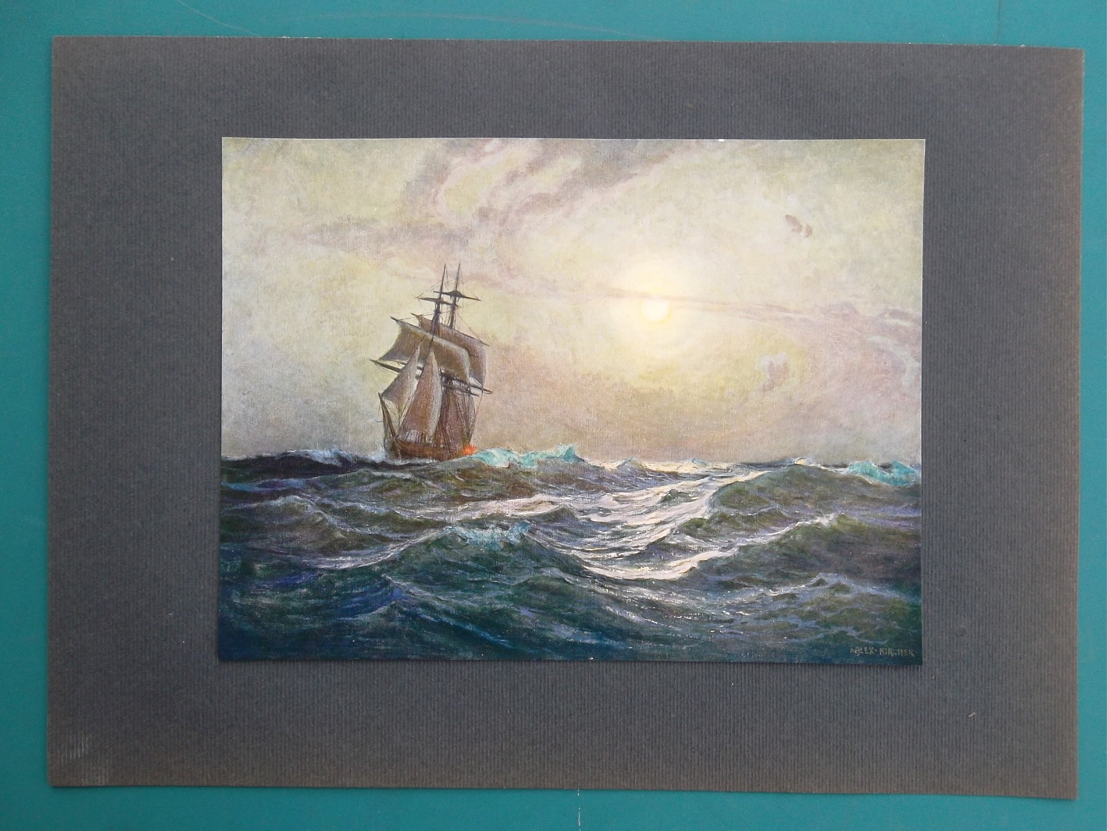 2-MAST SCHOONER on High Seas Heavy Storm Coming by A. Kircher – 1910 COLOR Print