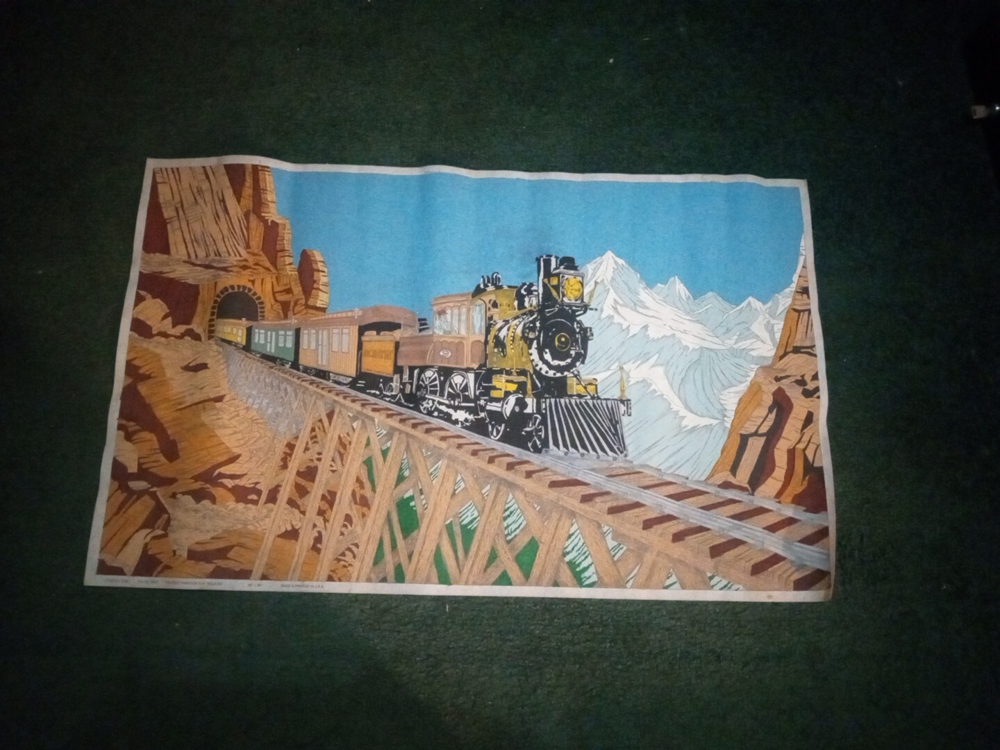 Vintage Heading Through The Rockies Made Printed In The USA Cloth 20×34 Unique