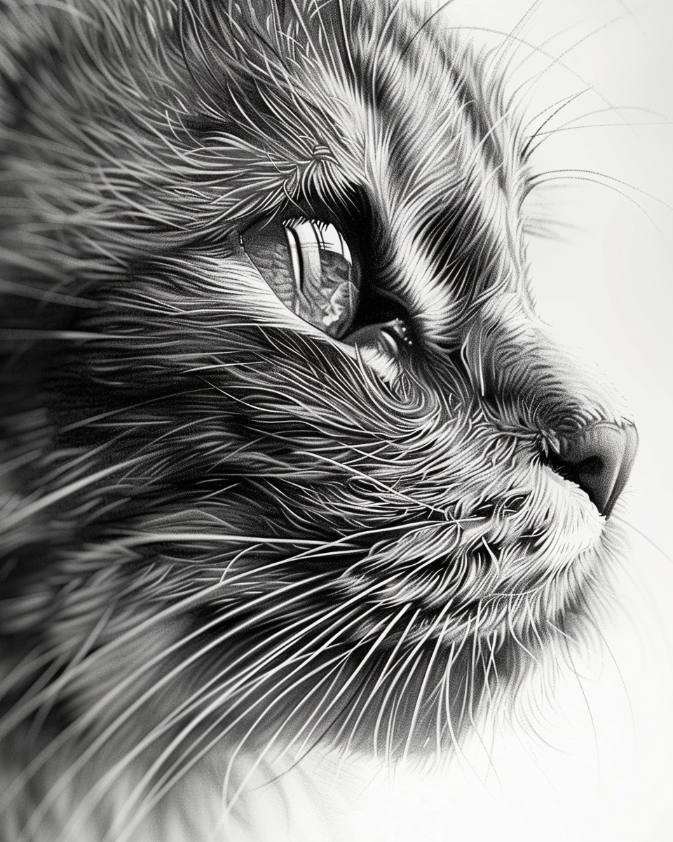 Black Longhair Cat Profile in Monochrome Ink Wash Print – 21700764