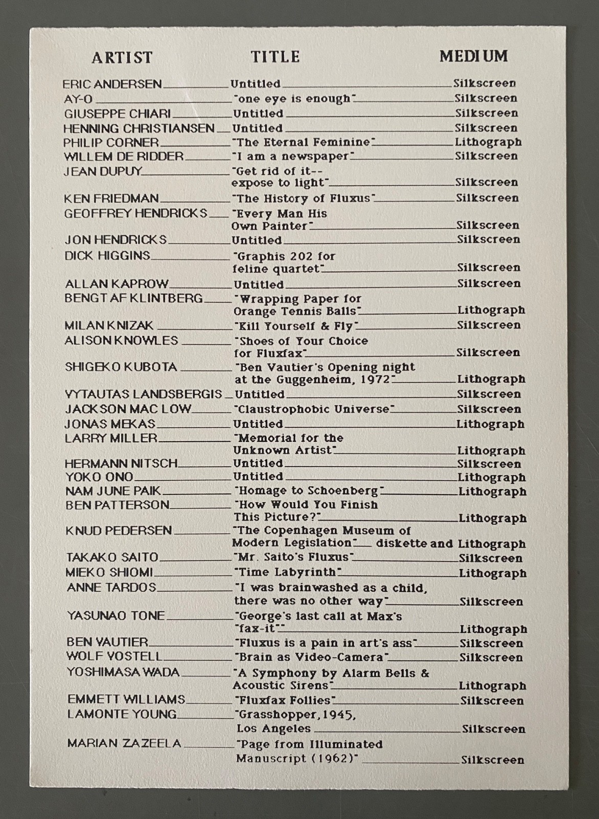 JON HENDRICKS s/n print FLUXFAX portfolio 1994 fluxus Nam June Paik Maciunas