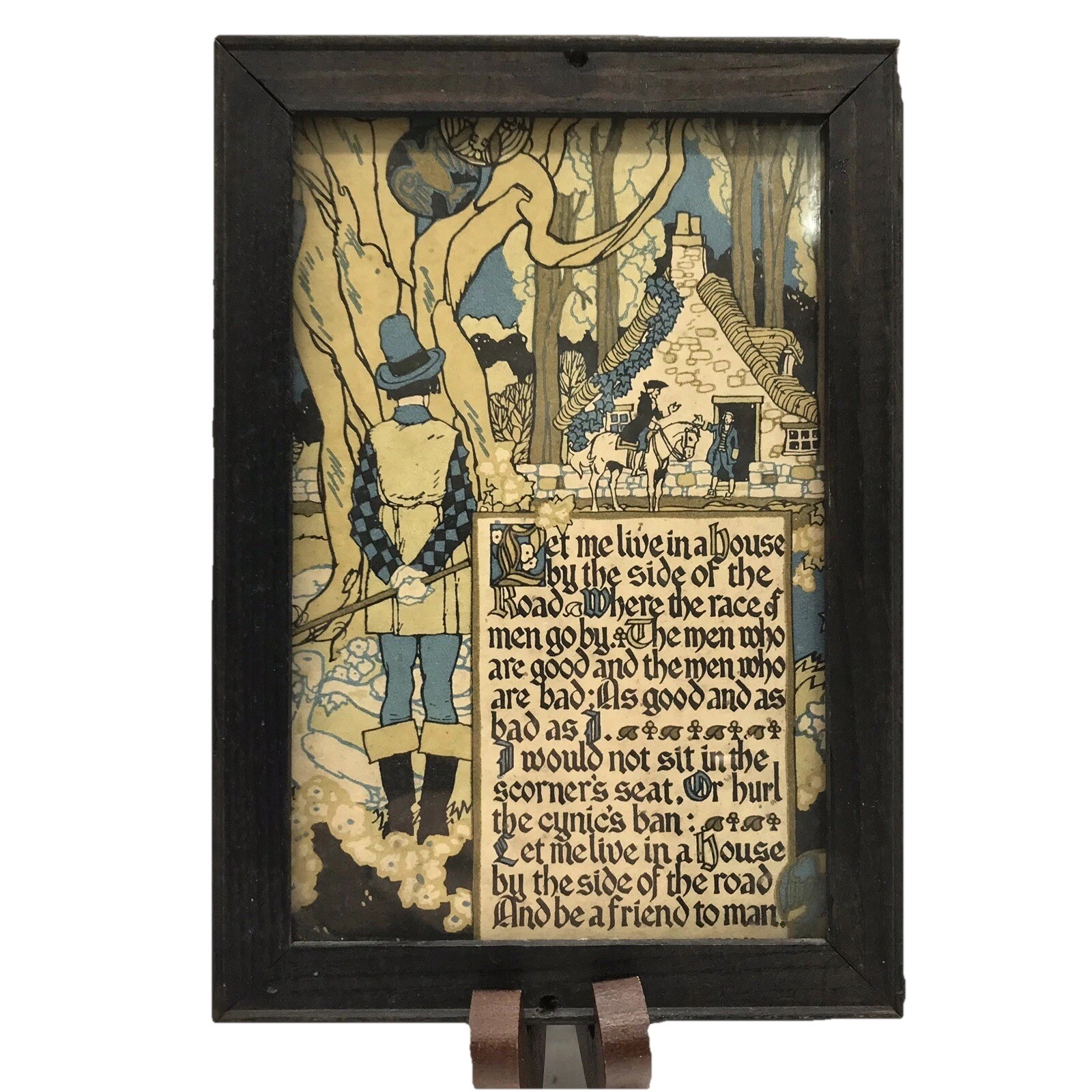 Vtg Small Colonial Style Print Painted Black Wood Frame People Horse Inspiration