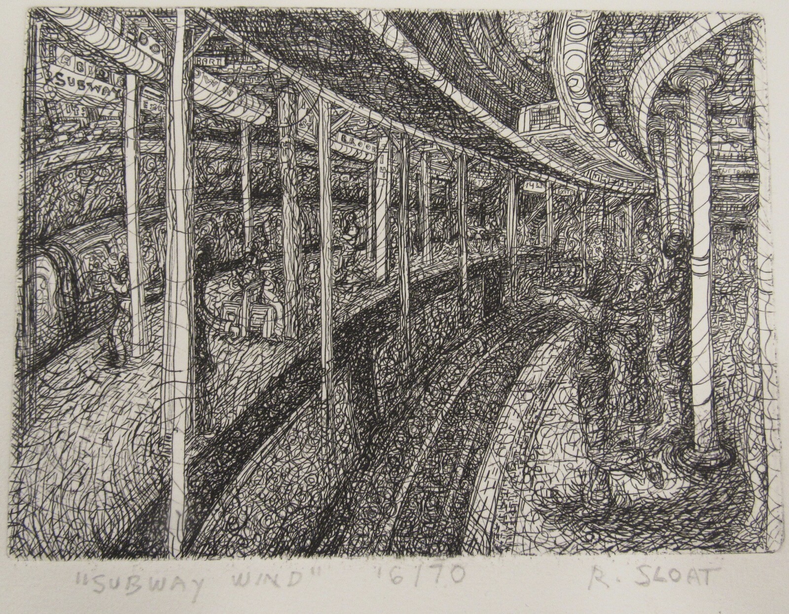 Signed Richard Sloat (b.1945) print Subway Wind New York City etching