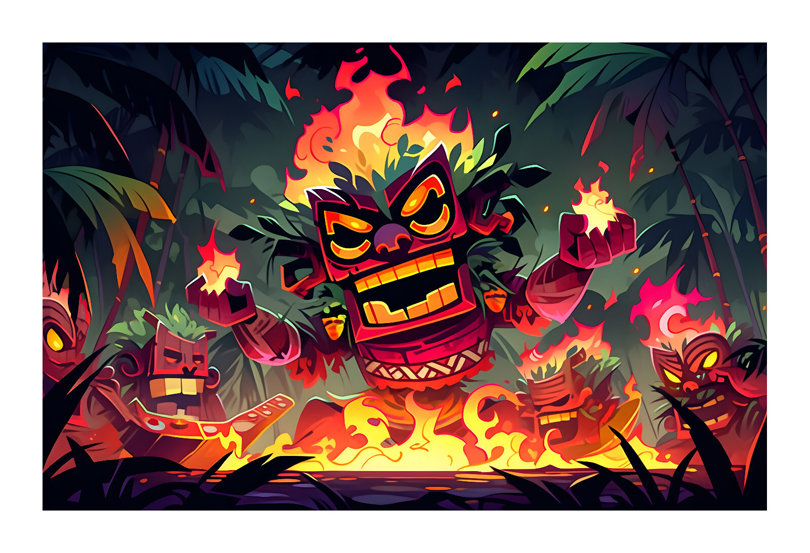 🔥 Wild Fire Tiki God Print – Retro Hawaiiana Pop Art m28-2
