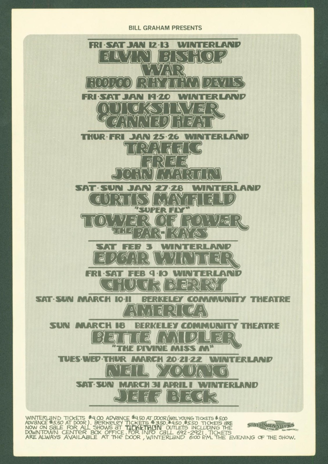 Neil Young Chuck Berry Curtis Mayfield Bette Midler 1973 Bill Graham Handbill A1