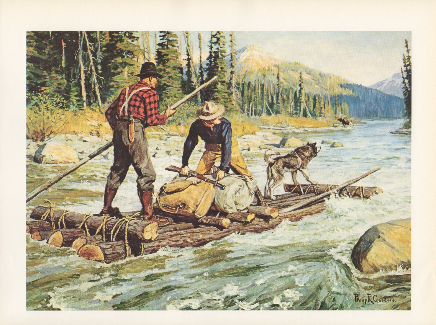 1972 Vintage HUNTING “UNEXPECTED GAME, 1924” RIVER RAFTING HUNTER Lithograph
