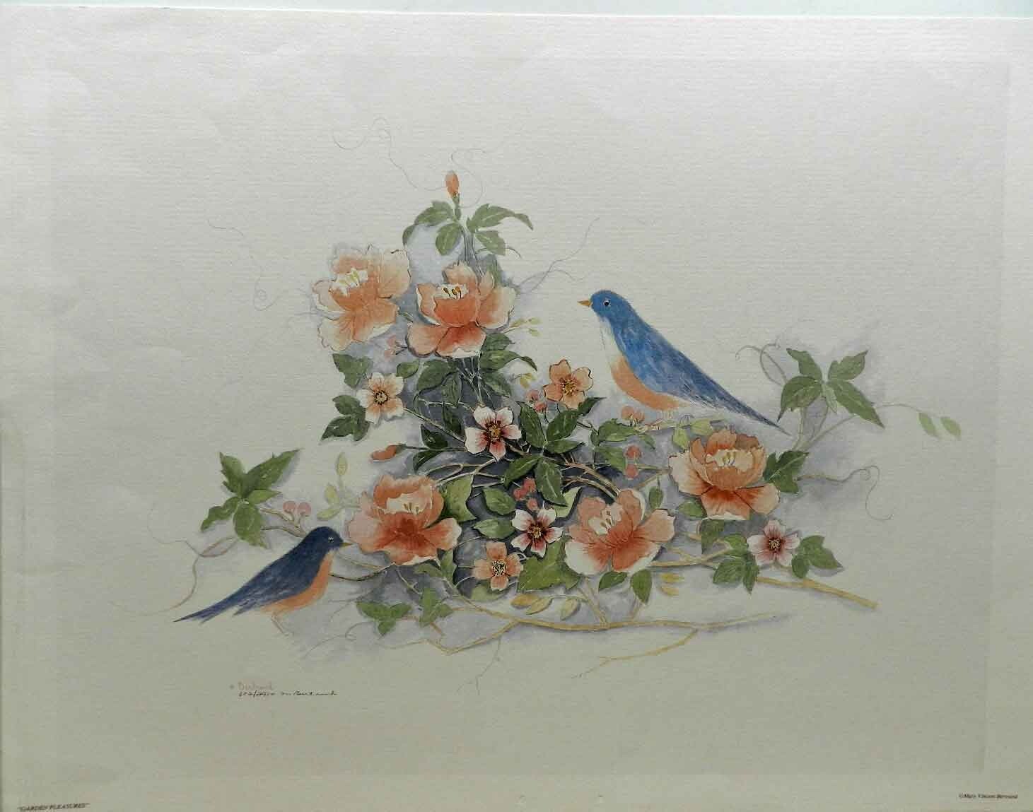 Garden Pleasures by Mary Bertrand Floral Bluebird Blue Peach s/n Art Wall Decor