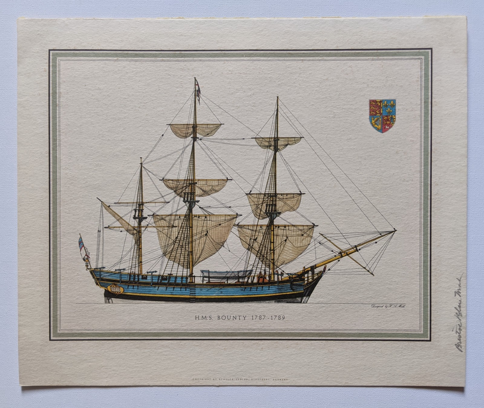 Vintage H.M.S. Bounty 1787 – 1789 Ship Lithograph Print Designed by Hans A. Muth