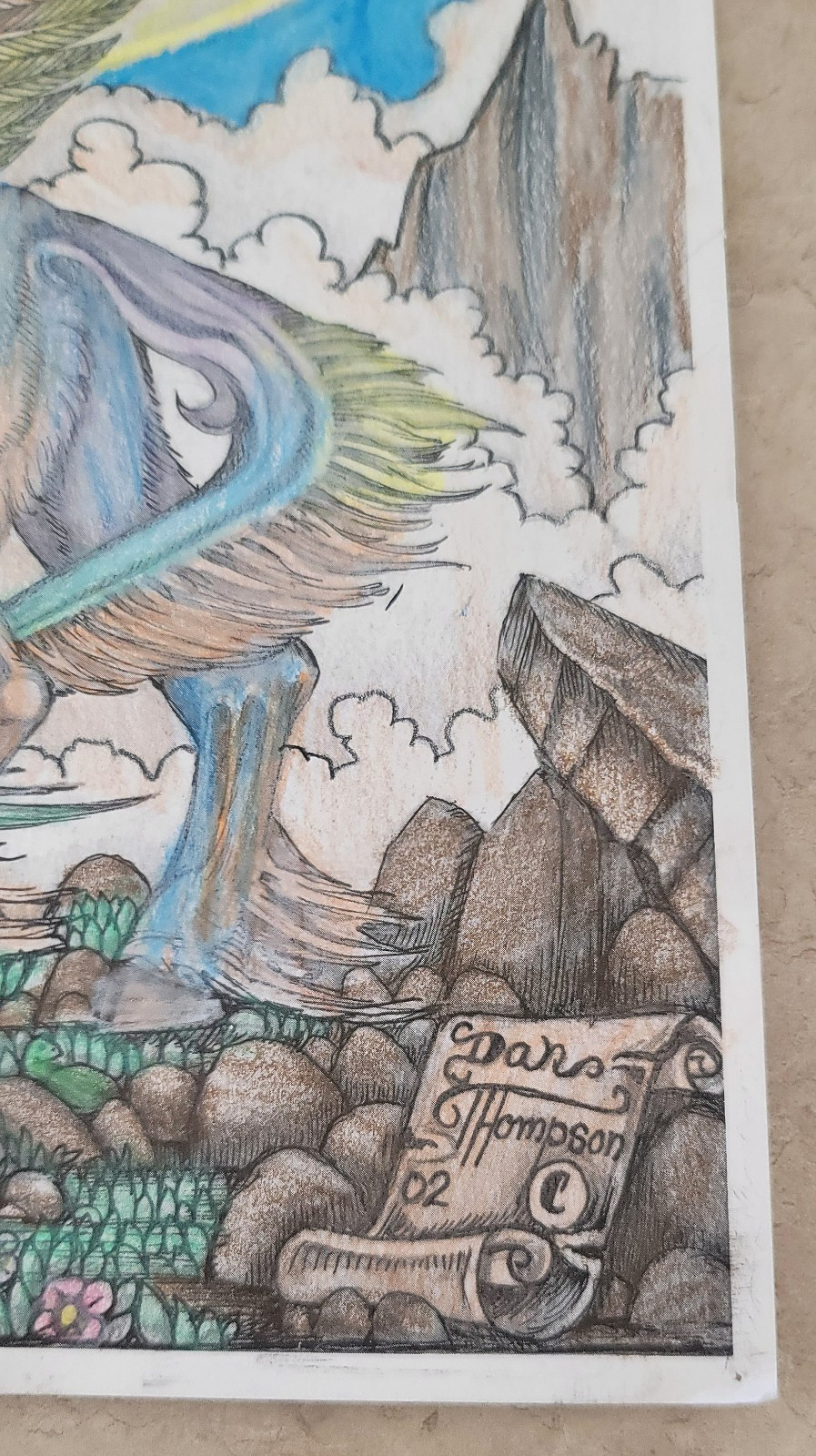 Dan Thompson 2015 Colored & Signed Drawing Pegasus Unicorn Flowers Fantasy 11×14