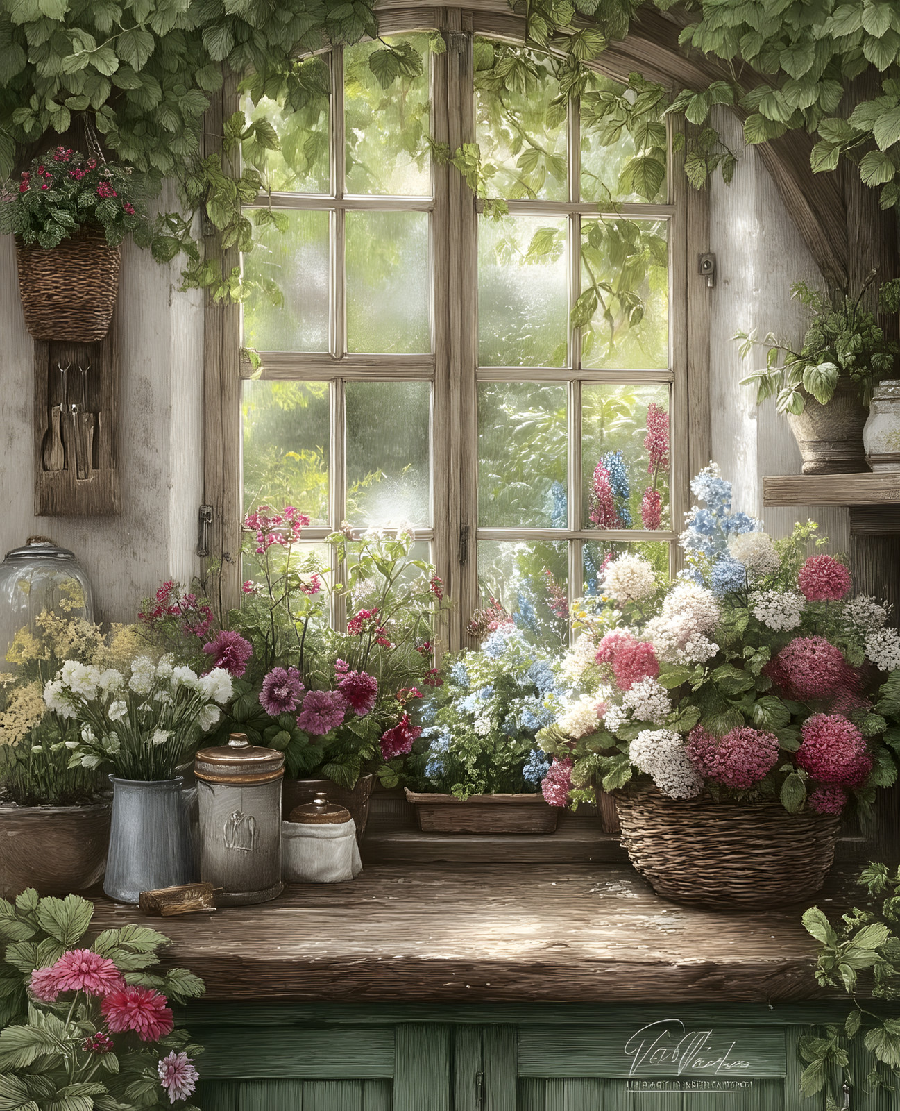 8×10 Cozy Storybook Window with Bunch of Flowers in It Art Print – 911958286