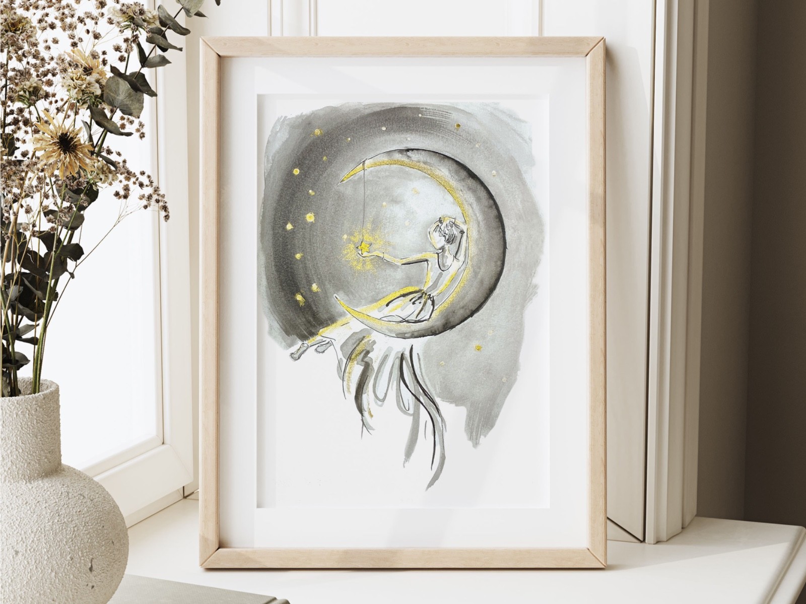 Woman sitting on the Moon Reaching for the Stars Art Print: Black and Gold Boho