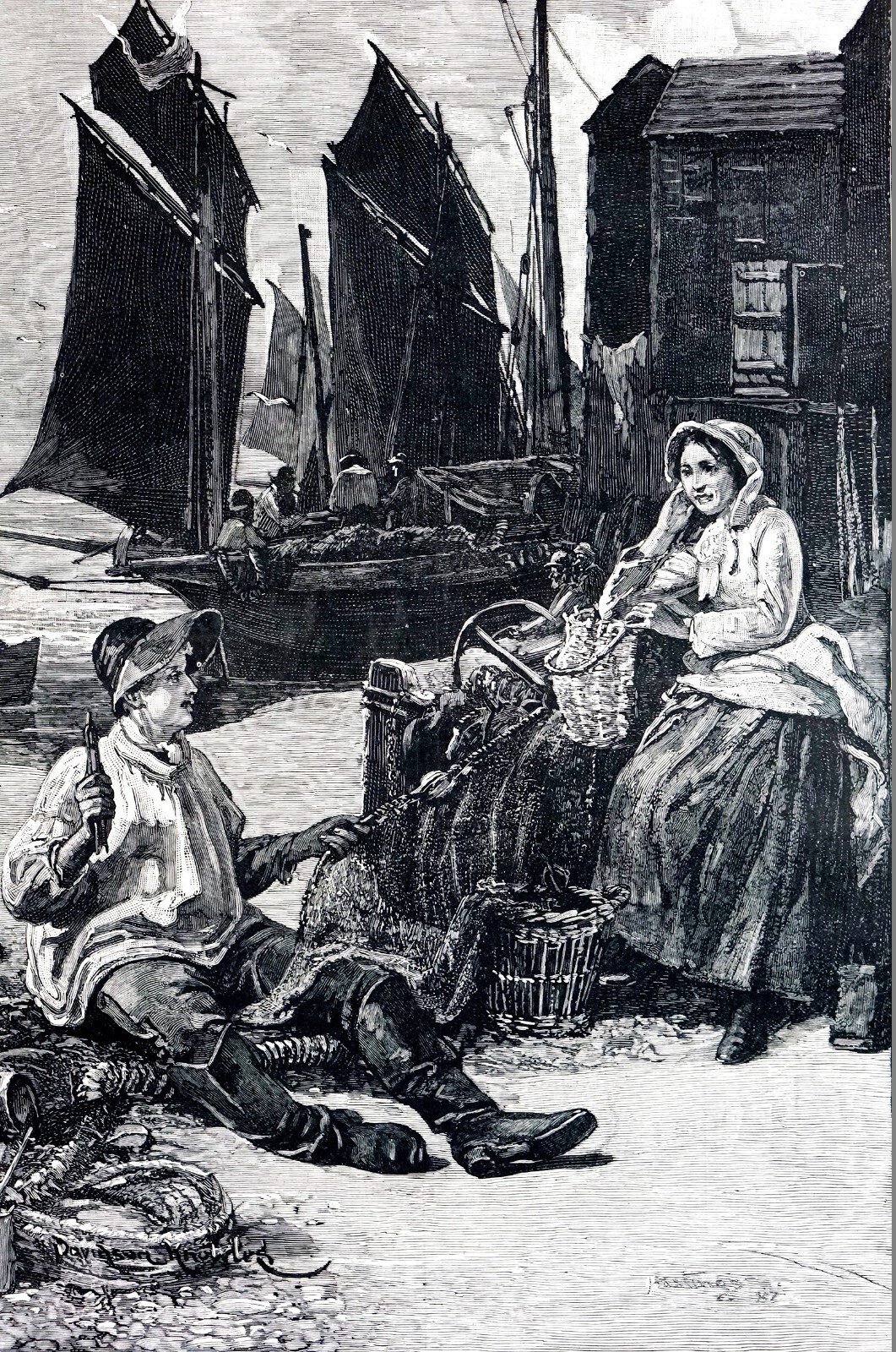 Fisherman and Wife 1884 SUMMERTIME in FISHING VILLAGE BOATS Matted Art Print