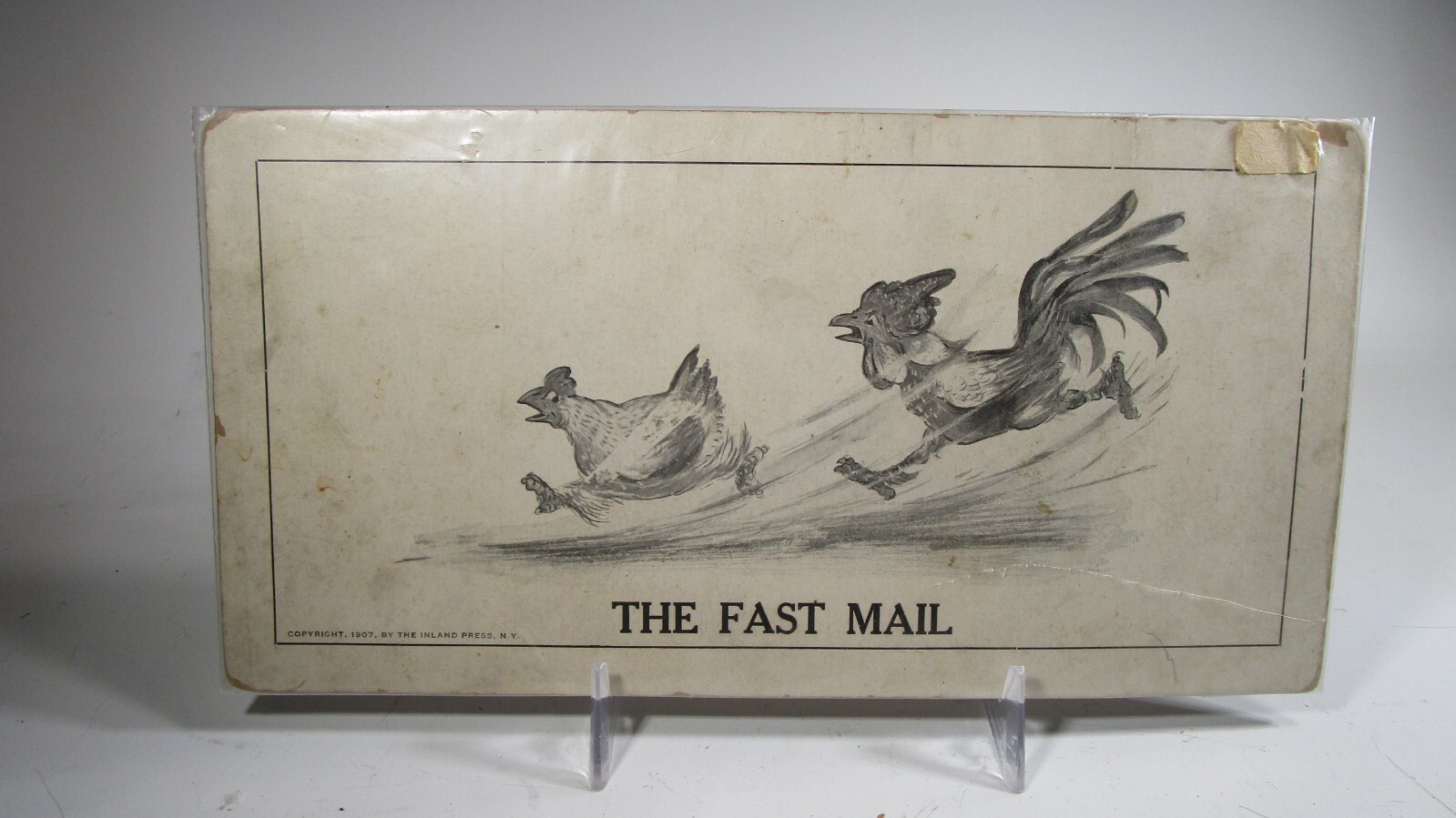 1907 THE FAST MAIL Humor Chickens Running Black White Card by Inland Press N.Y.