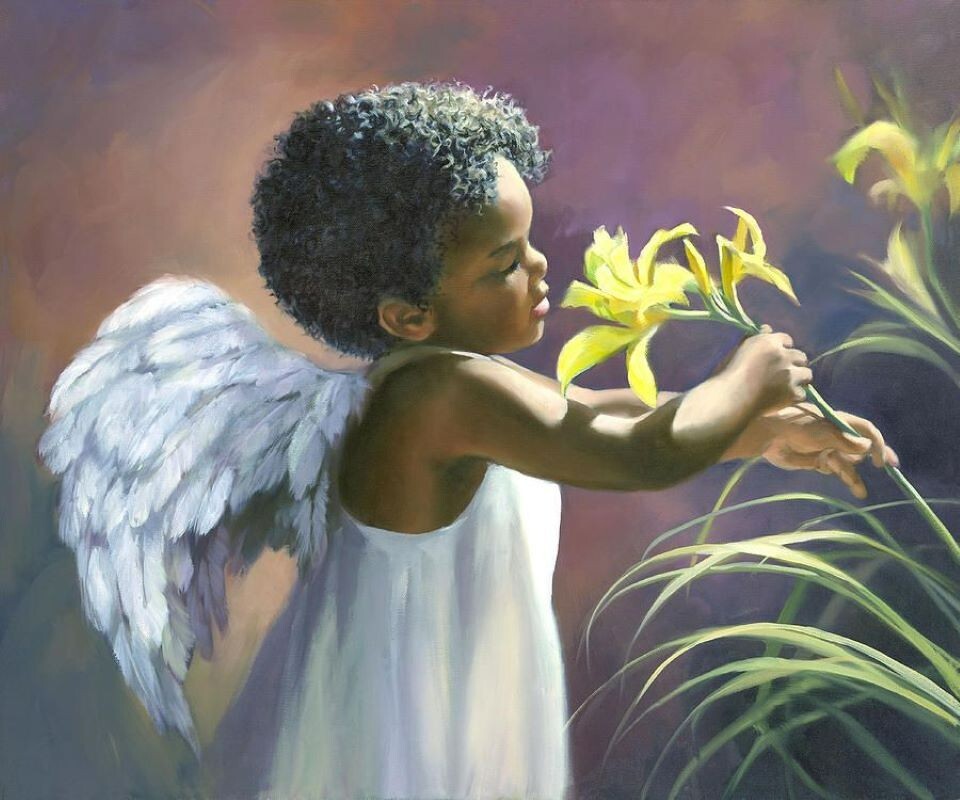 Black African American CHILD ANGEL with FLOWERS “8×10” Print ready to be framed