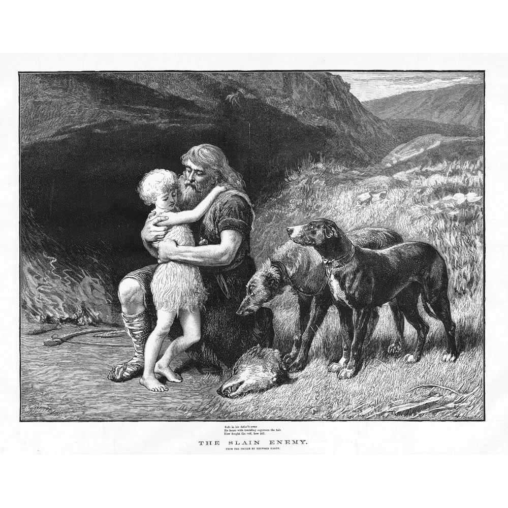 The Slain Enemy by Heywood Hardy; Decapitated Wolf Head – Antique Print 1882