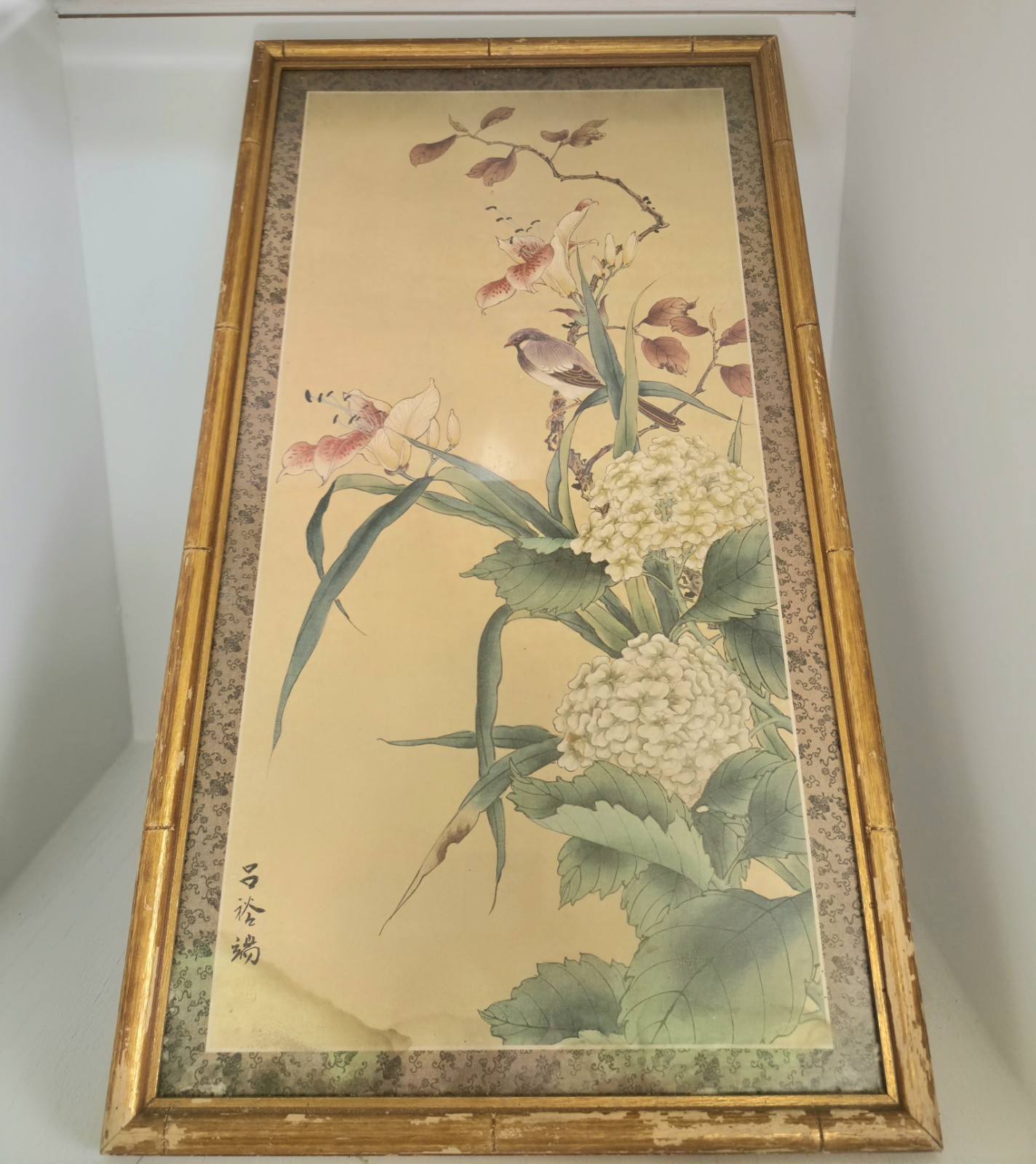 Vintage Chinoiserie Asian Bird & Floral Print Faux Bamboo Wood Frame 15.5”x27.5”