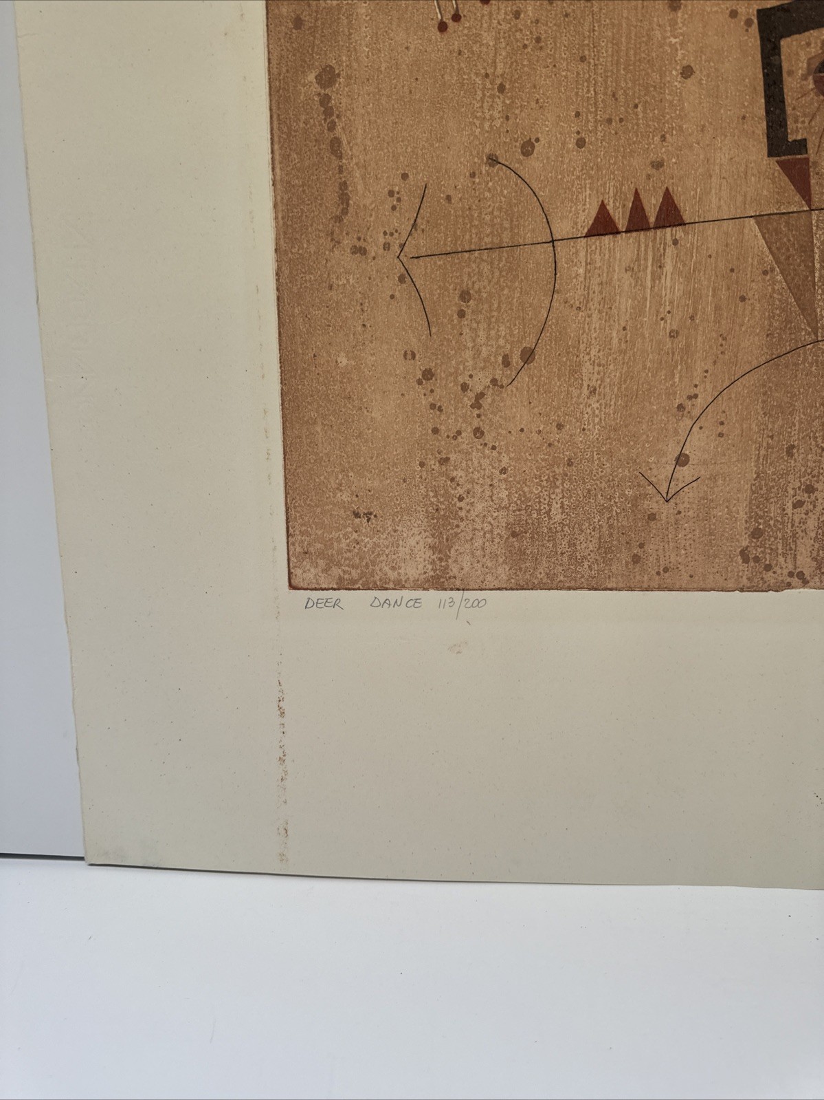 DIANA HANSEN ETCHING ABSTRACT NATIVE AMERICAN INDIAN DEER DANCE LARGE MODERNIST