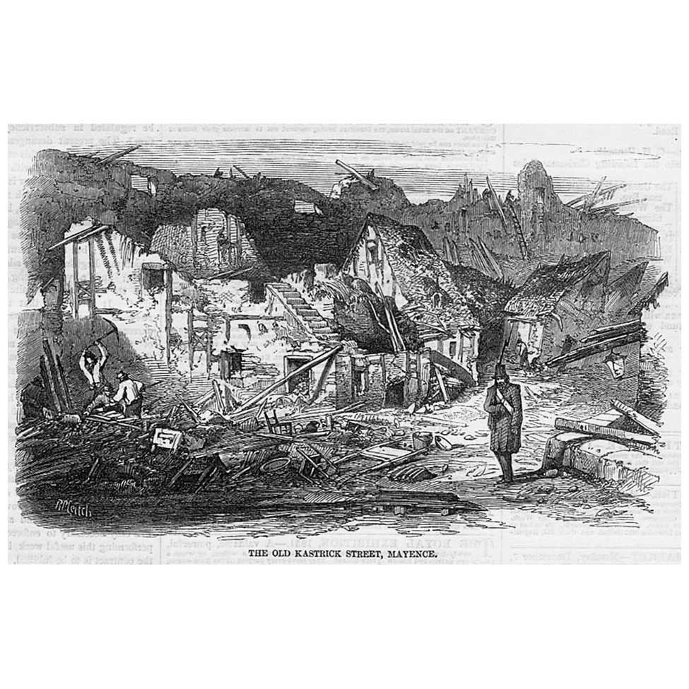 GERMANY Old Kastrick Street in MAINZ after the Explosion – Antique Print 1857