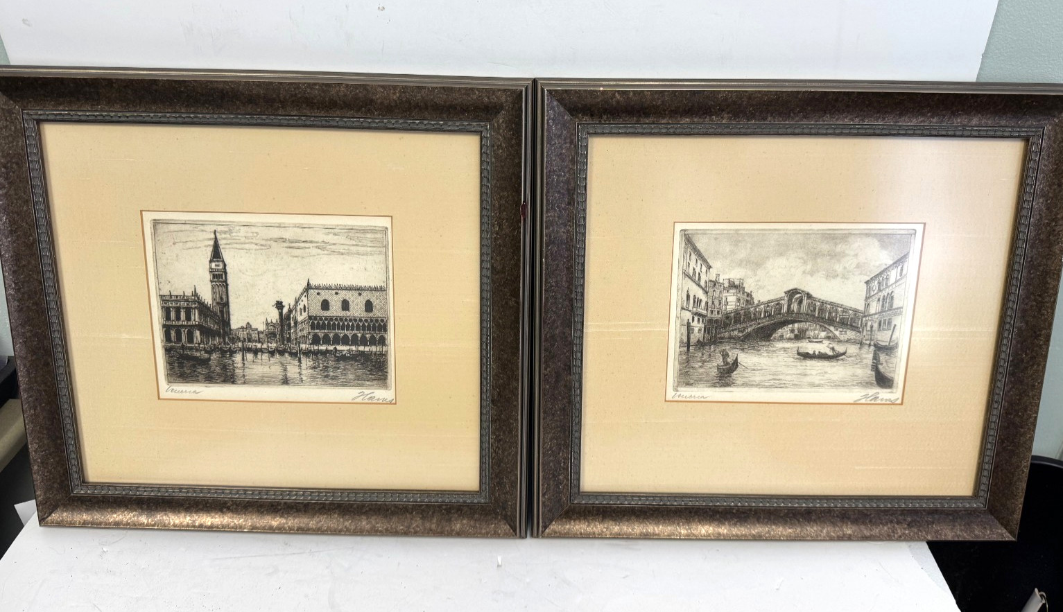 x2 HAVAS – Vintage Venice Art Print Italy Original Etching Signed Pencil Framed
