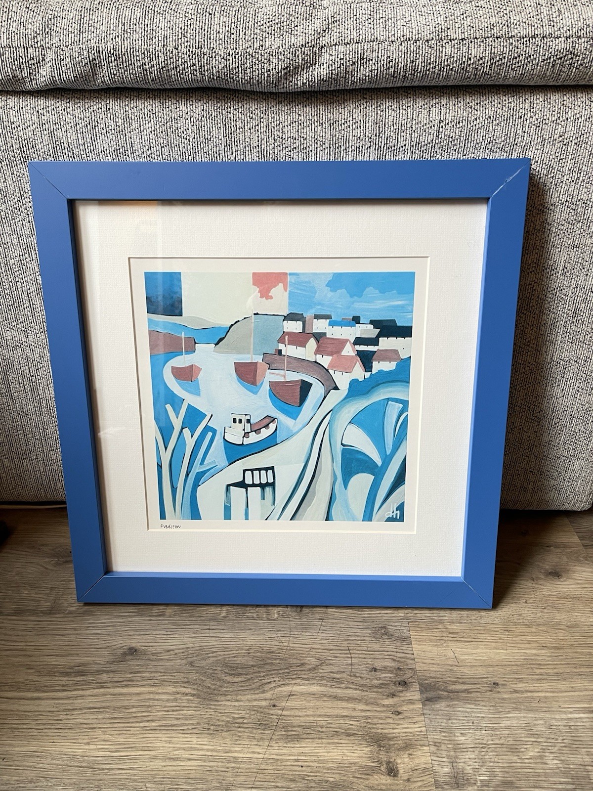 Vintage Padstow Abstract Painting in Large Double Frame 40 x 40 cm