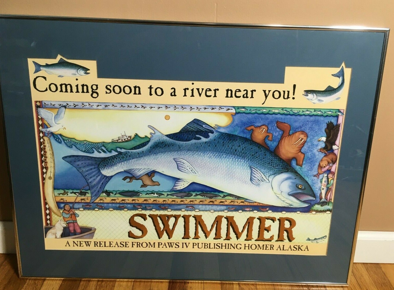 *Vintage MCM CHINOOK SALMON PRINT SHANNON CARTWRIGHT PAWS IV PROMO FRAMED MATTED