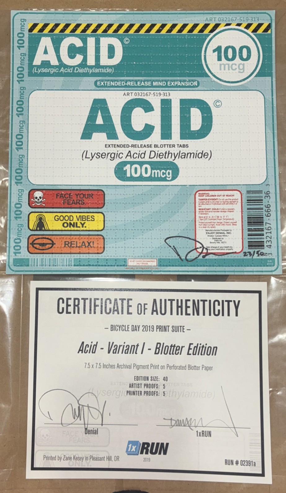 Denial Signed Acid Variant I Blotter Print 2019 1xRUN LE 23/50 (Ed of 40) W/ COA