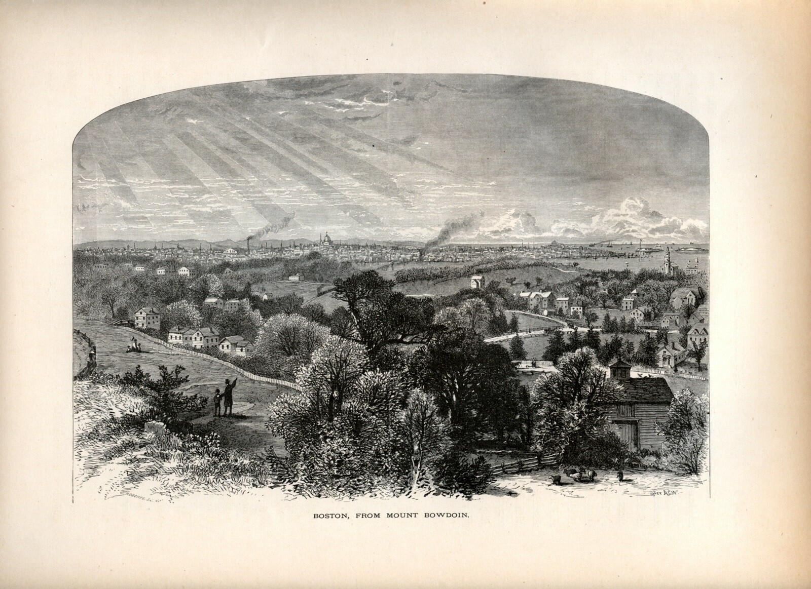 Boston View from Mt Bowdoin, Historic America, 1874 Antique Engraving
