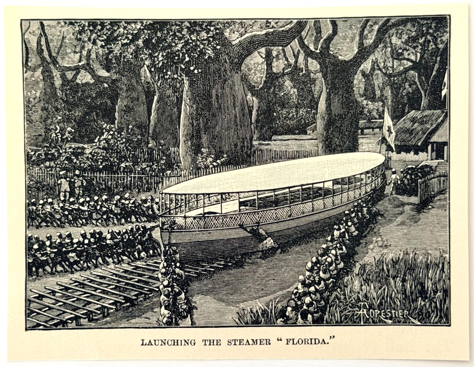 1890 Steamer Florida Launch Wood Engraving Victorian Henry Stanley Dark Africa